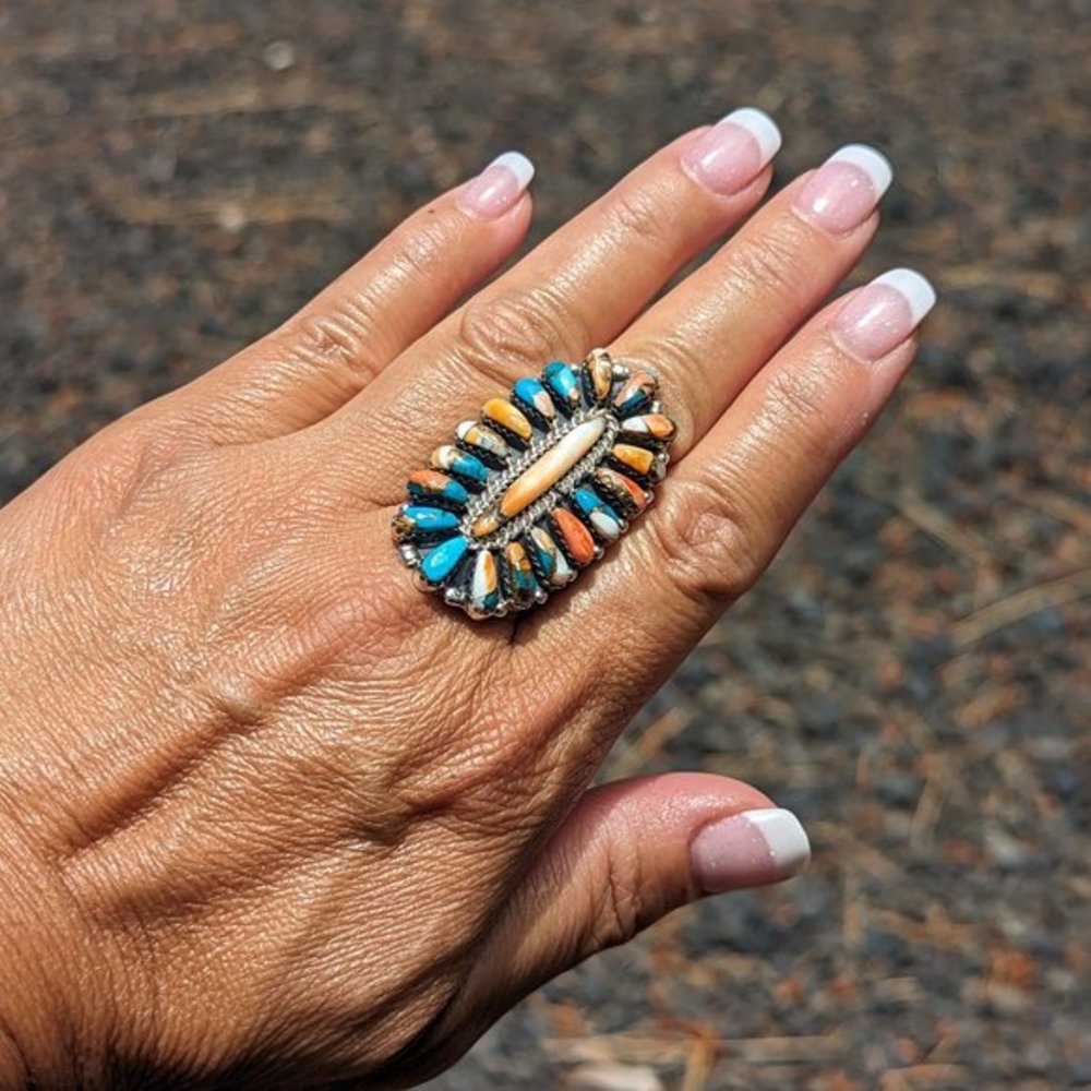 Navajo Ring‎ Compressed Slab Mohave Turquoise Cluster Native American Sz 8.25*** - Picture 3 of 8